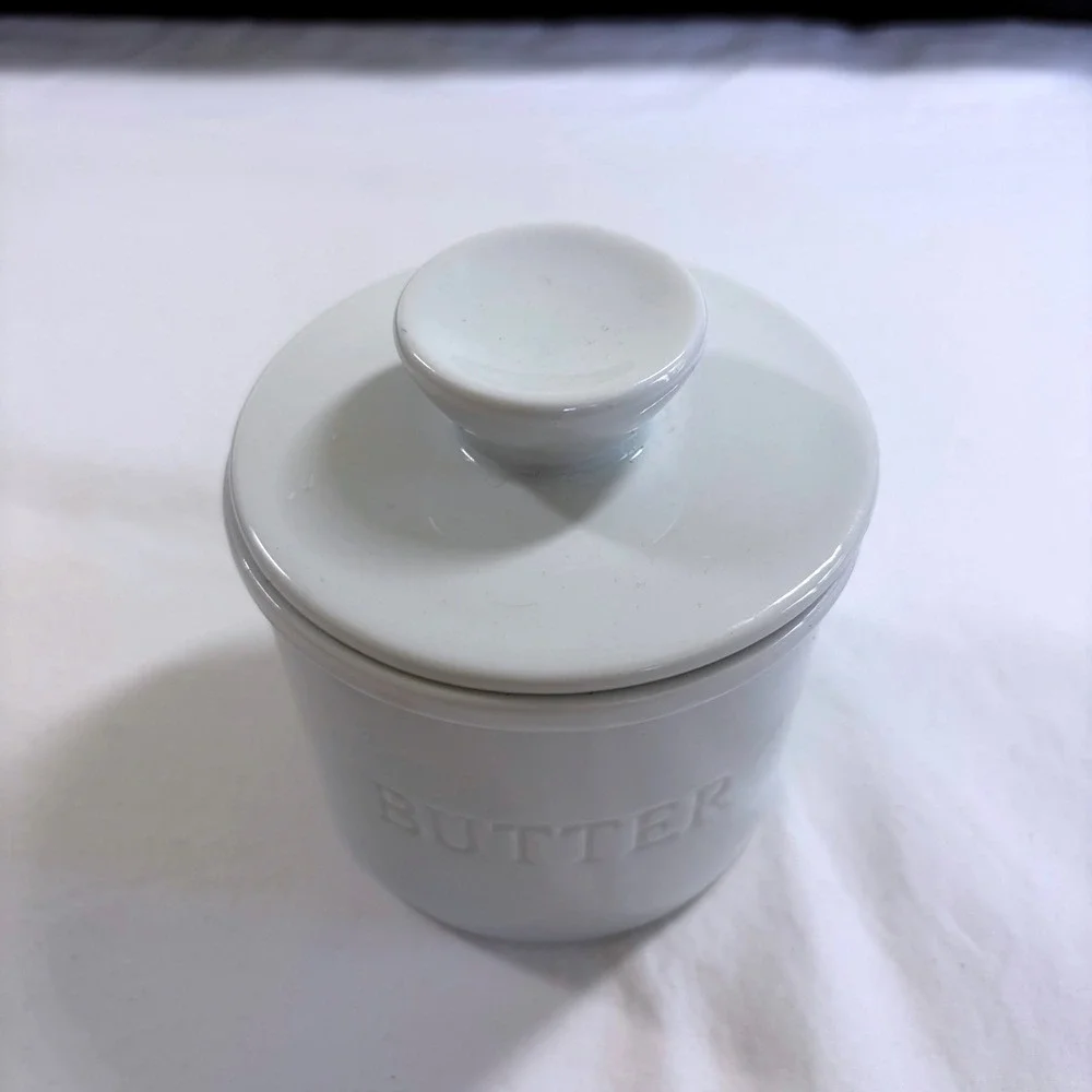 White Ceramic French Butter Bell Crock Farmhouse Embossed Butter Keeper